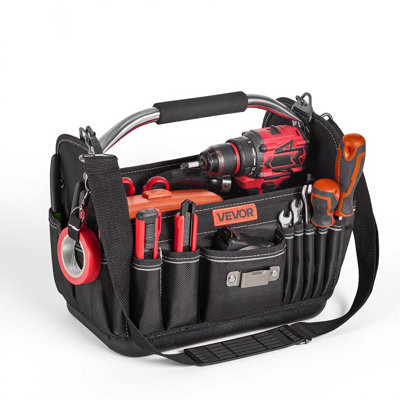 Sac à outils de 33 cm (13 pouces), sac fourre-tout à 33 poches, ouverture sur le dessus, boîte à outils portative pour l'entretien électrique, avec base rigide en plastique et bandoulière réglable.