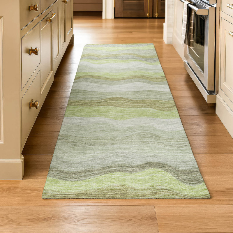 Premium Machine Washable Mayfield AMF2397 Striped Rug, 2'3" x 7'6" Runner, Aloe
