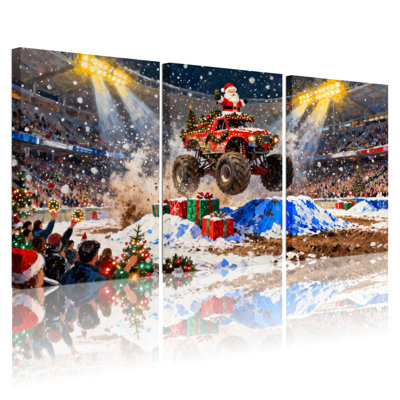 «Christmas Santa Drives Monster Truck In Stadium Snow», ensemble de 3 impressions sur toile