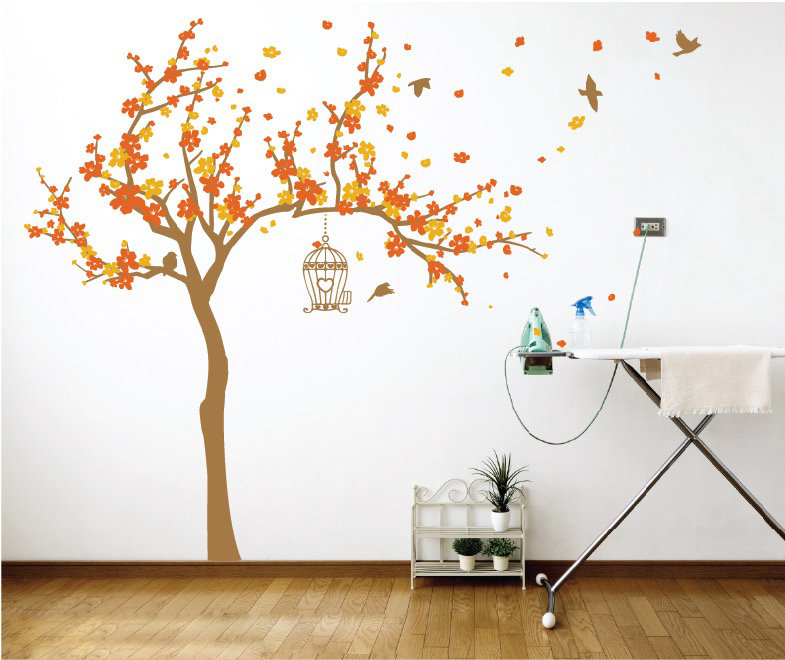 Décalcomanie murale Arbre en fleurs et oiseaux, H 72 po x l 92 po x p 0,01 po, Orange / Jaune