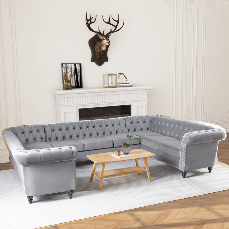 Karriann Velvet U-Shaped Sectional Symmetrical, Gray Velvet