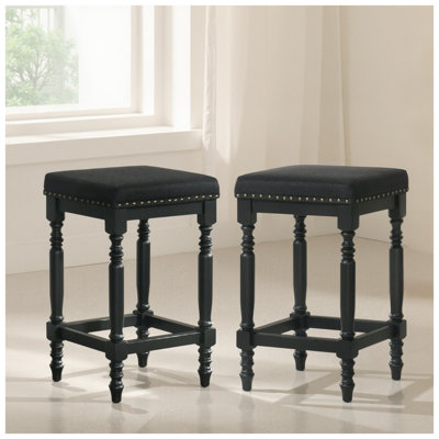 Ensemble de 2 tabourets de comptoir en bois rustique, tabourets de bar de ferme de 26 pouces avec siège rembourré, garniture cloutée et finition noire patinée - sièges de salle à manger de cuisine à hauteur de comptoir