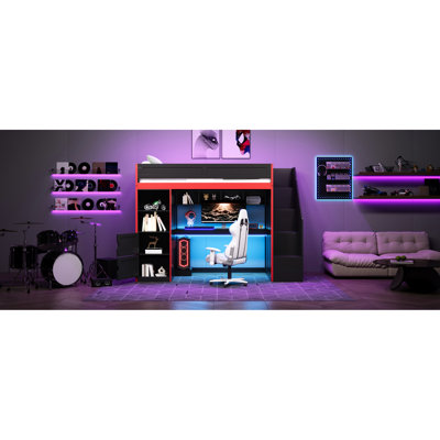 Twin - Size Gaming Loft Bed With Led Lights, Desk, And Storage For A Comfort Focused Studying Space Sized Shelves Bright Study Spot