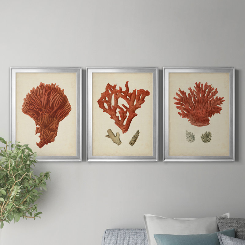 Antique Red Coral I - ensemble de 3 impressions sur toile encadrées, Argent, H 22,5 po x l 91,5 po x P 1,5 po