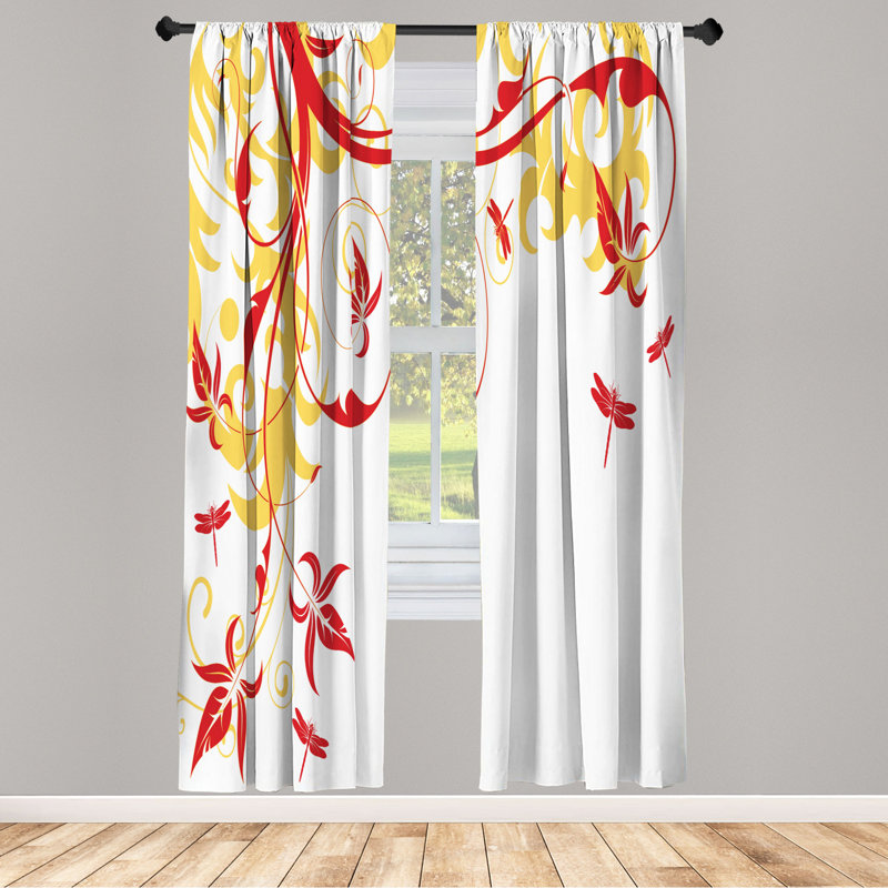 Microfiber Floral Semi-Sheer Rod Pocket Curtain Panels, 28" W x 63" L, Red/White