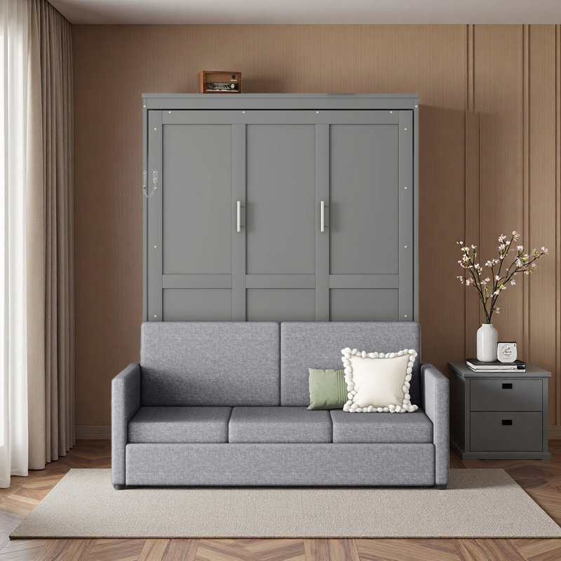 Grand lit escamotable mural avec coussin, Gris