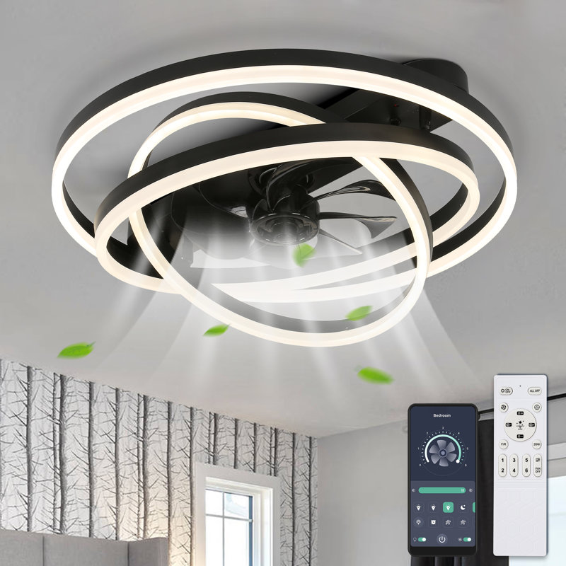 24" Flush Mount Ceiling Fan with Adjustable Dimmable LED Light Kit Remote , Black