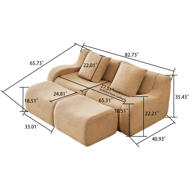Modern Compressed Boneless Teddy Fabric Upholstered 2-Seater Sectional Sofa with 2 Ottoman, Camel Teddy