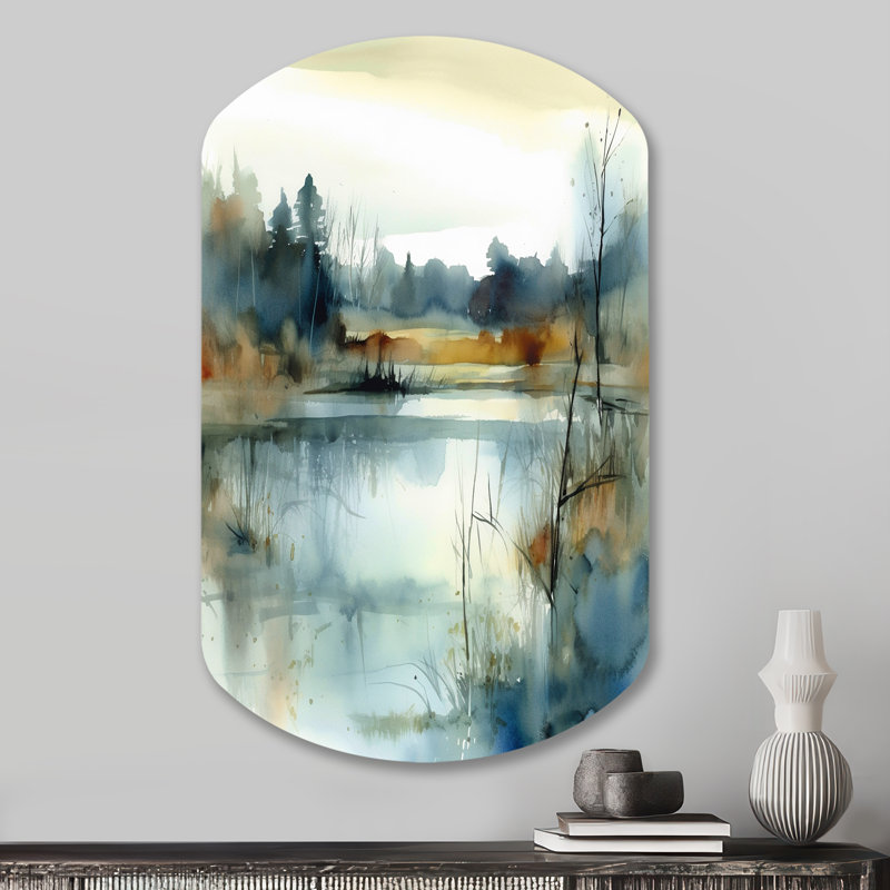 «Summer Lake Landscape Illustration II - Asymmetric Lake», reproduction d'art murale en métal, H 31 po x l 19 po