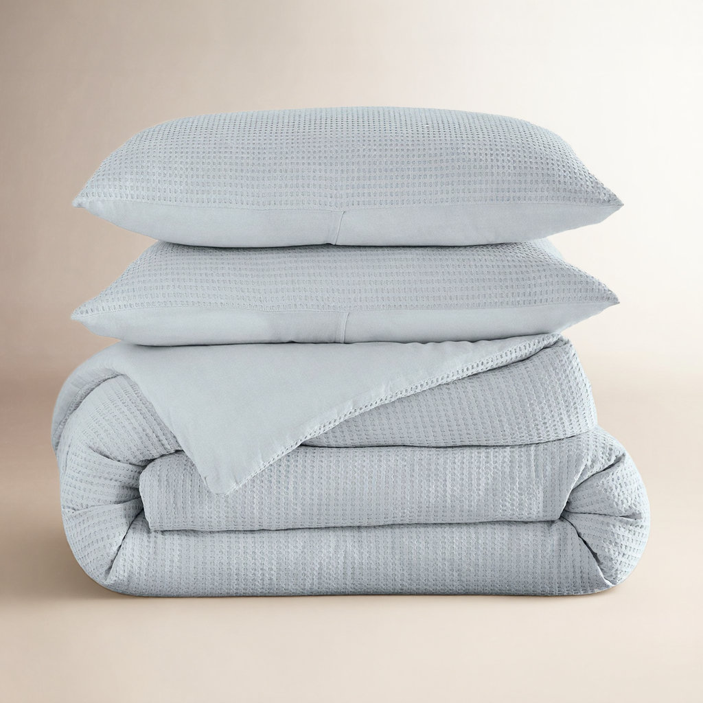 Felix Cotton Waffle Comforter Set, King / Cal King Comforter + 2 King Shams, Stormy Blue