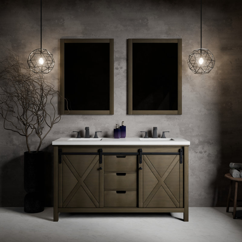 Marsyas 60 in W x 22 in D Double Bath Vanity, Faucet Set & 24 in Mirrors, White Quartz, Rustic Brown