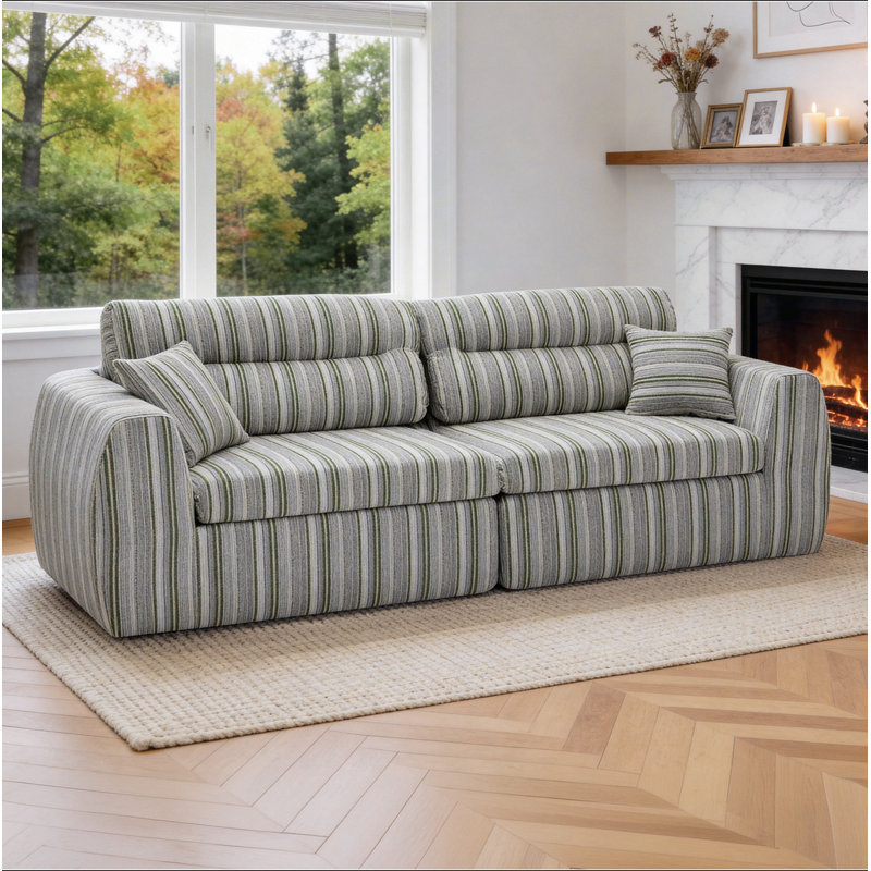 Canapé tissé à compression en chenille rayée, canapé compact à rangée droite avec éponge haute densité, canapé économiseur d'espace requis sans assemblage pour salon, appartement, bureau