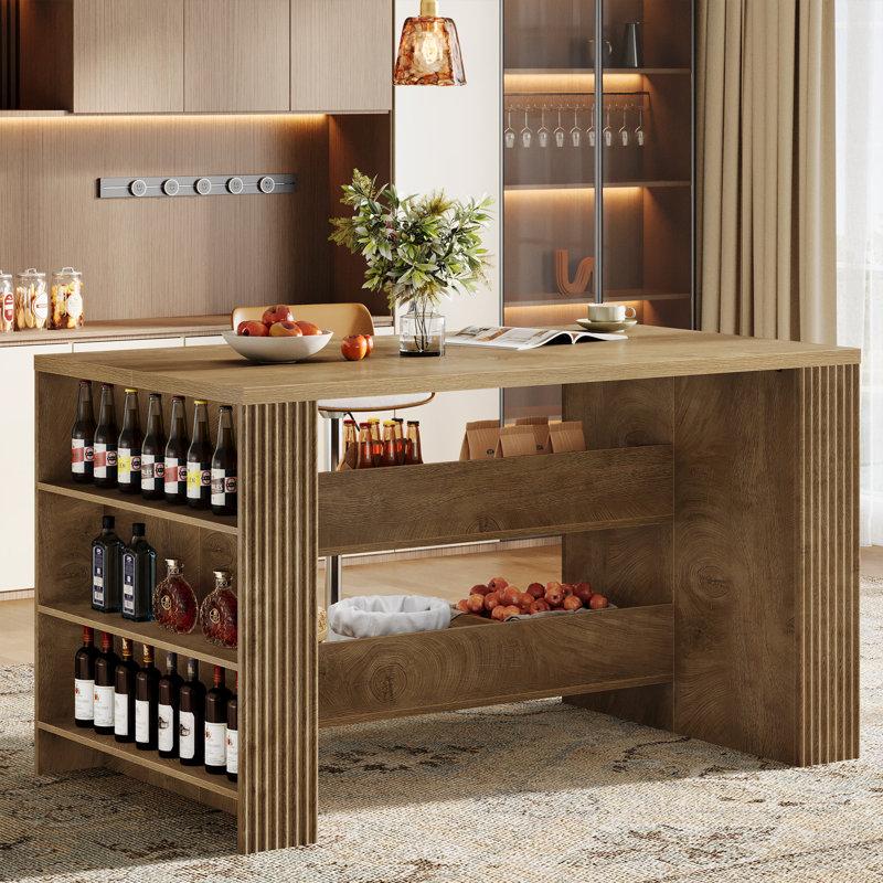 59-Inch Brown Kitchen Island Table with Large Worktop, Stable Structure, 3-Tier Storage Farmhouse Coffee Station Microwave Stand for Home, Dining Room