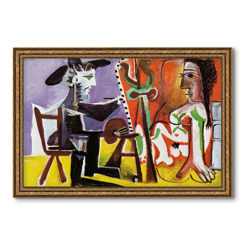 «The Painter and His Model» - Pablo Picasso, toile sur mesure, 28 po x 40 po, Toile avec cadre, Bronze vénitien en relief