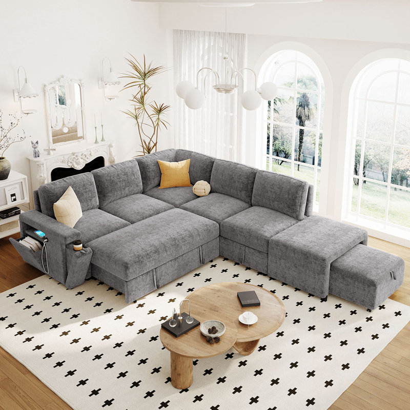 Canapé modulaire en L avec espace de rangement, ports USB et porte-gobelets, Mélange de polyester gris