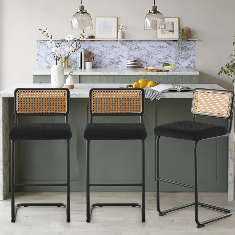 Georgios Velvet Upholstered Cane Back Bar & Counter Stool, Bar Stool (30" Seat Height), Black Velvet/ Black Frame