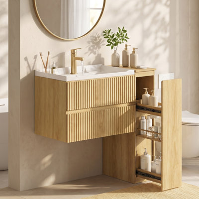 Meuble-lavabo moderne de 80 cm avec lavabo en céramique et 2 tiroirs cannelés, meuble de rangement avec tablette coulissante, ensemble simple meuble-lavabo mural