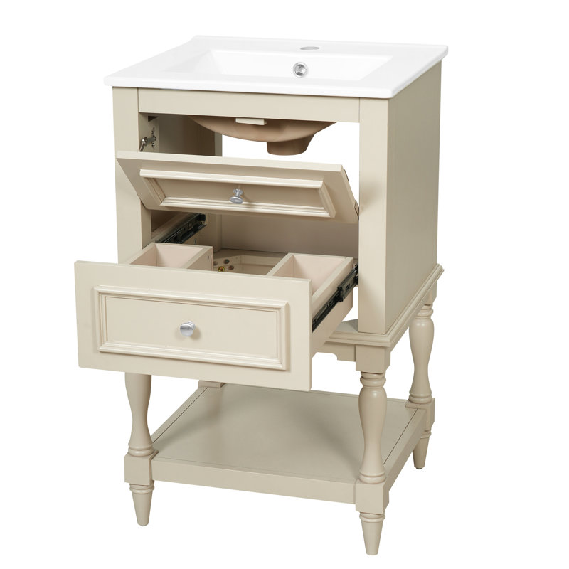 Meuble-lavabo de salle de bain avec lavabo en céramique, Beige