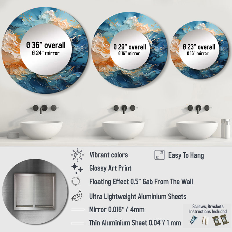 Robere Blue Storms Charm Vivid Liquid Art - Storms Mirror, Traditional Round Decorative Wall Mirror, Printed Metal Art