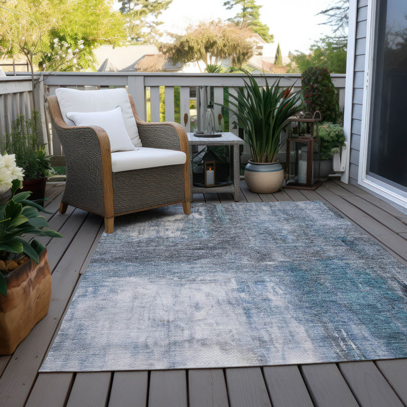 Machine Washable Blue and Gray Synthetic 3' x 5' Rug