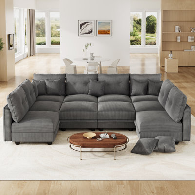 10 Seat Corduroy Convertible Modular Sectional Sofa With Storage, 8 Back Cushion 8 Throw Pillow