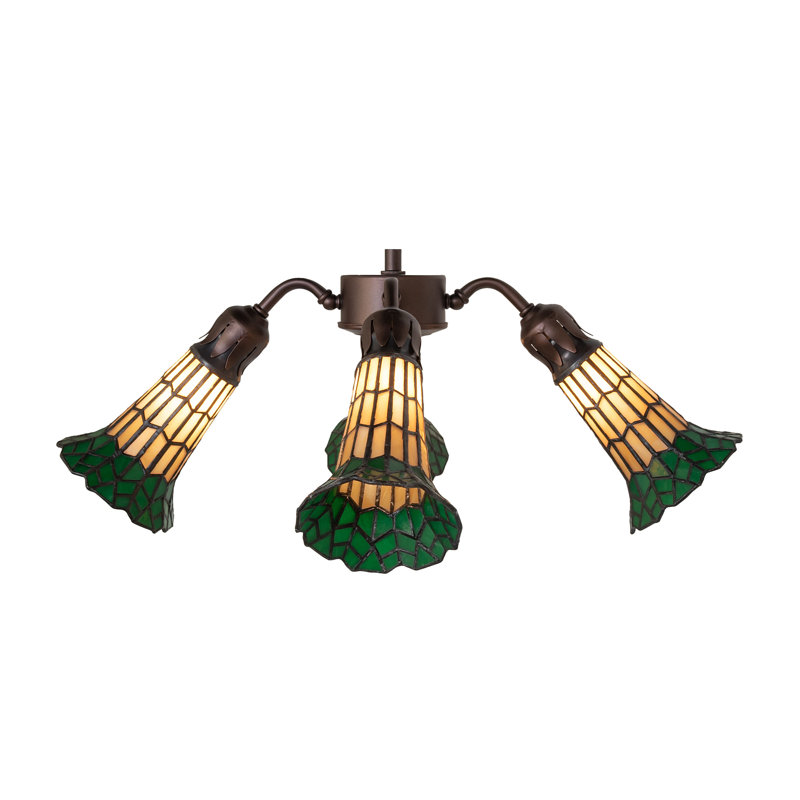19" Wide Stained Glass Pond Lily 4 Light Fan Light, Green/Amber