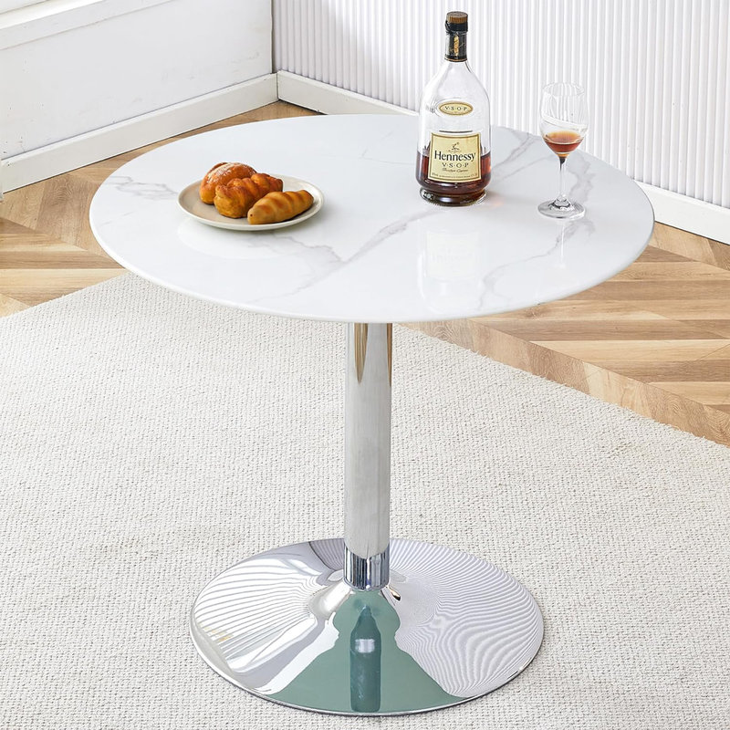 Modern White Round Glass Dining Table with Chrome Base