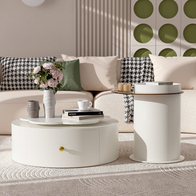 Ensemble de 2 tables basses rondes modernes, plateau tournant en forme de fleur à 360 degrés avec 2 tiroirs, décoration en verre pour le salon