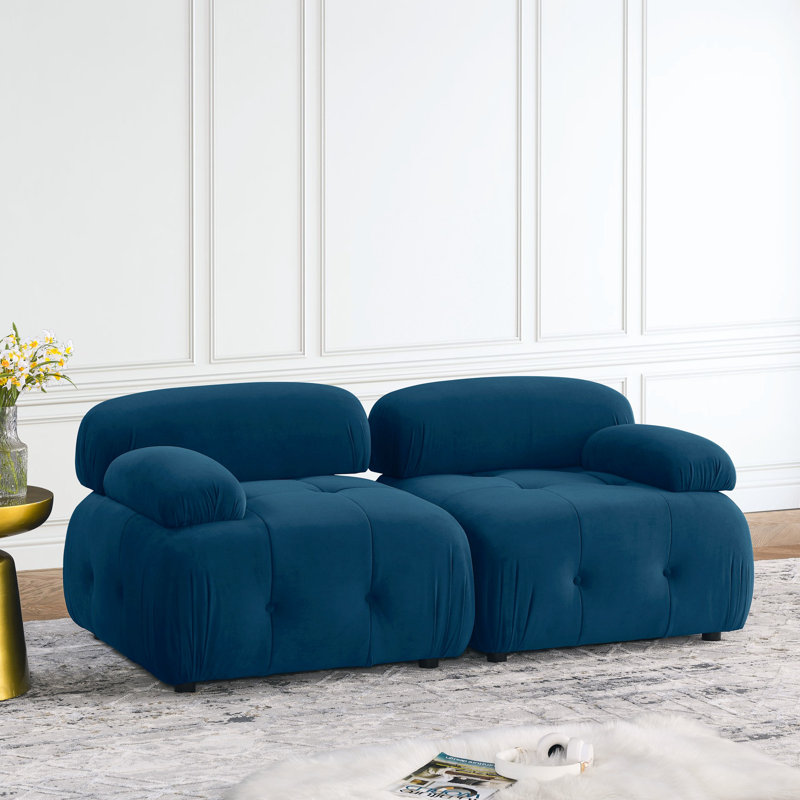 Canapé modulaire modulaire, capitonné à boutons et bricolage, canapé en forme de L avec repose-pieds réversible, Velours bleu
