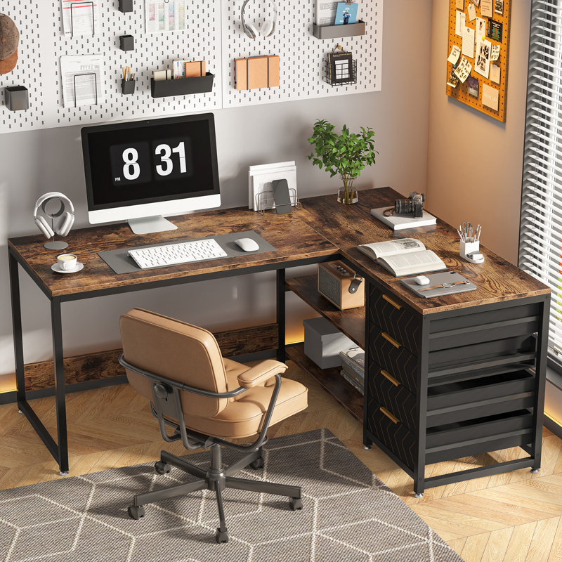 L-Shaped Computer Desk, Brown/Black