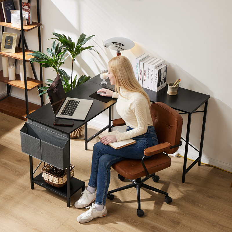Hussan L-Shaped Metal Base Computer Desk, Black Stand