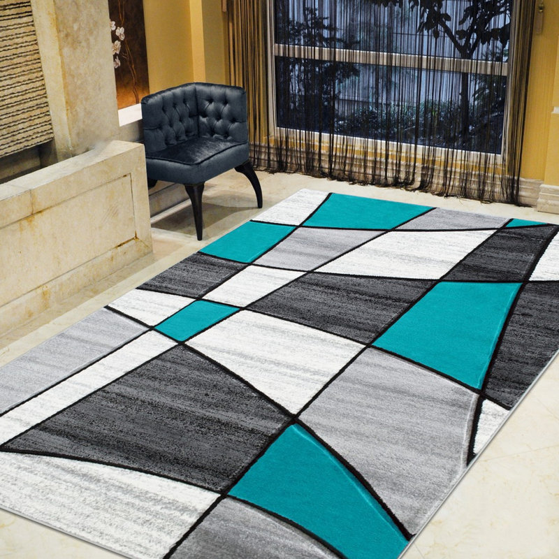 Tapis géométrique turquoise/gris Aftan, Rectangle de 7 pi x 10 pi 5 po
