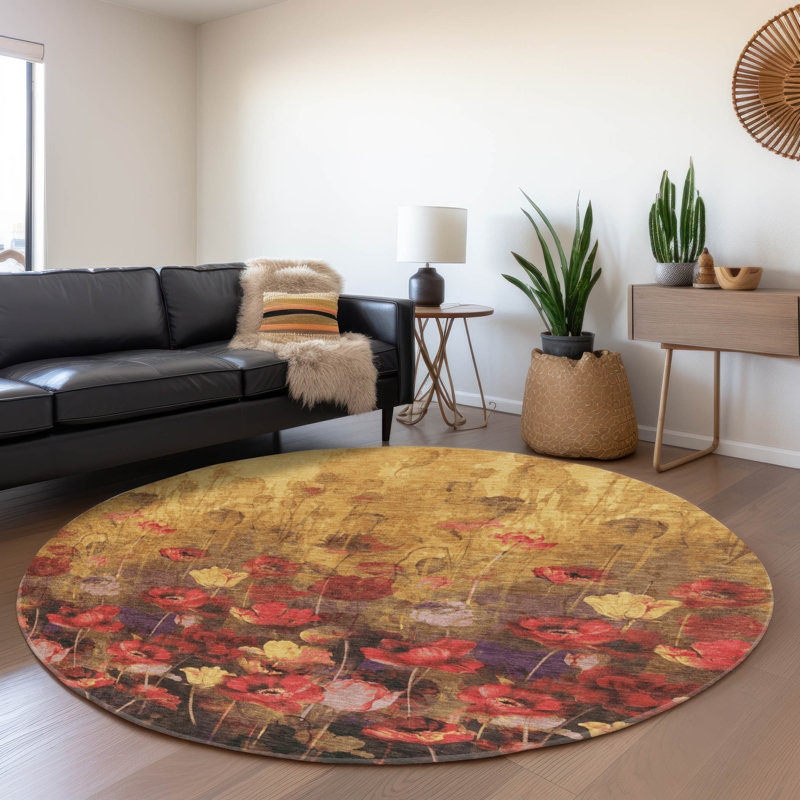 Premium Machine Washable Lyndhurst AMF992 Floral Rug, Round 8'
