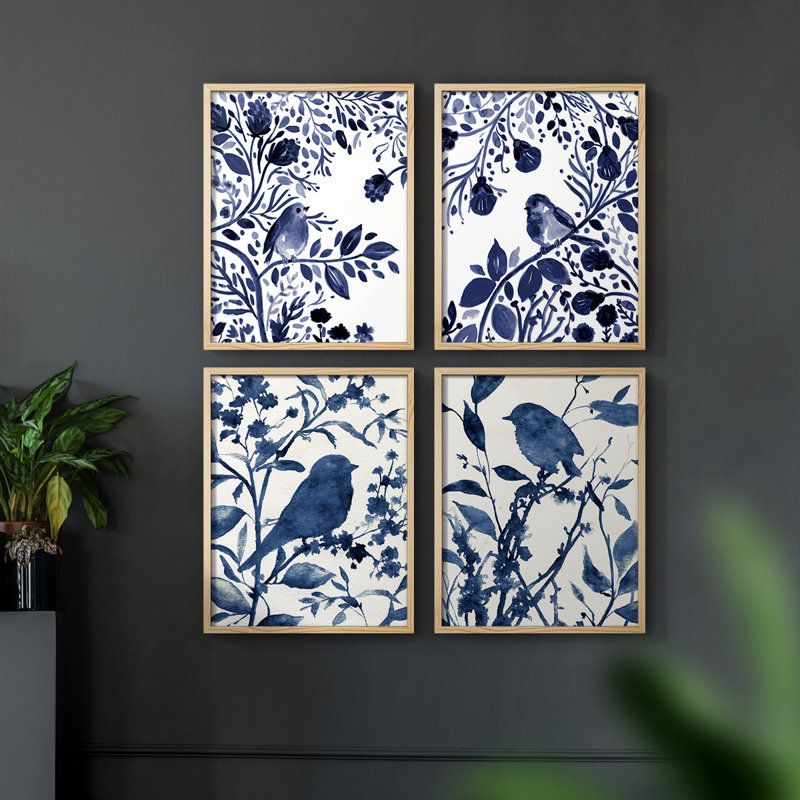 Indigo Song I Framed Print - Set of 4, 14" H x 44" W