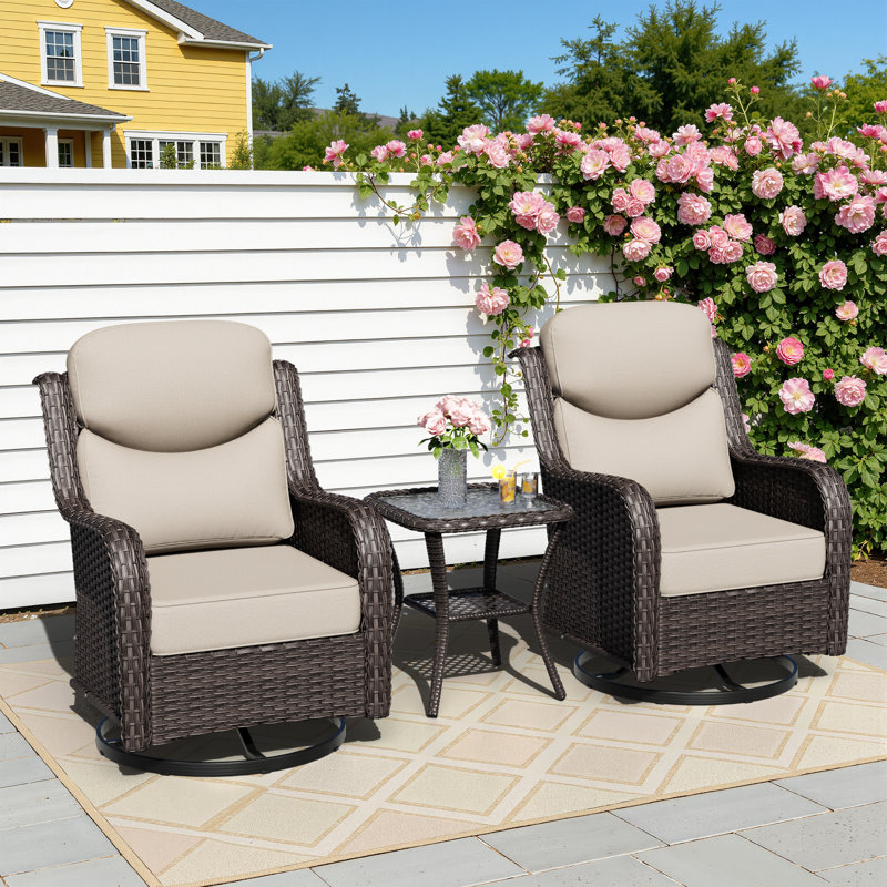Adcox 2-Person Outdoor Patio Conversation Rattan Sets  With Side Table,2 Swivel Chairs and Beige Cushions, Beige