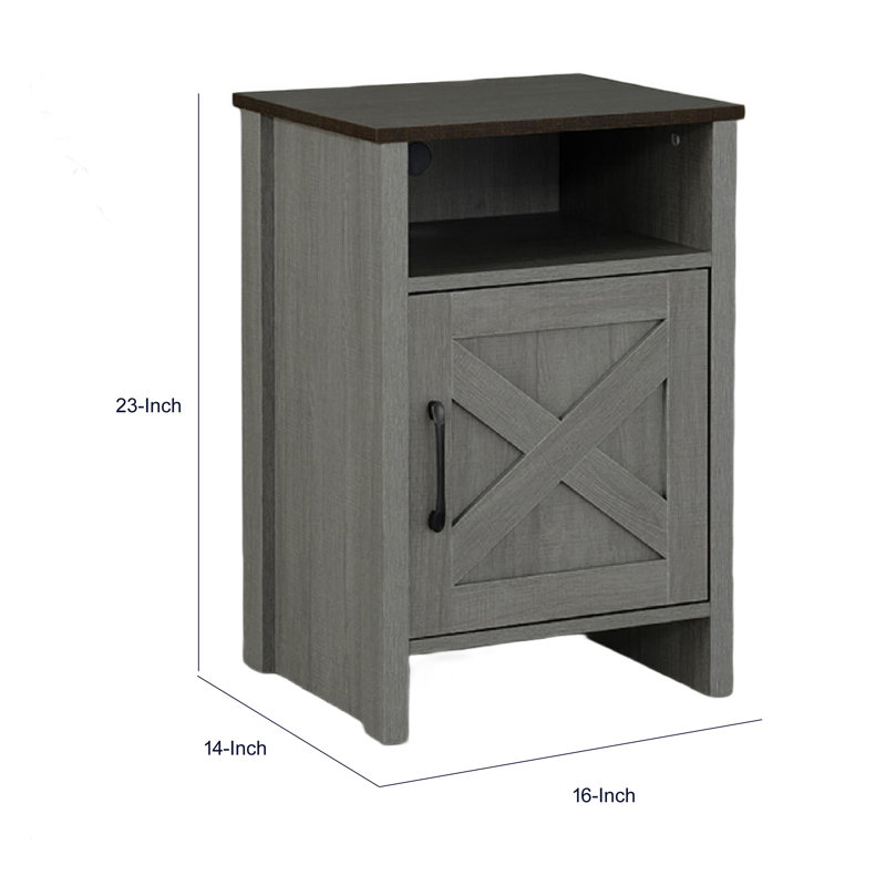 Table d'appoint Gera, plateau brun foncé de 16 po, porte de grange en X, tablette ouverte, gris