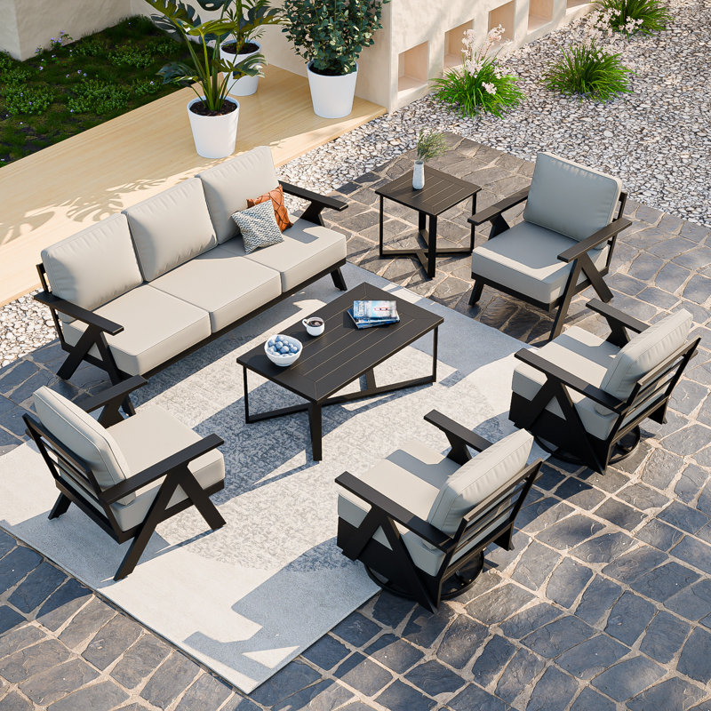 Ensemble de conversation d'extérieur en métal 7 pièces, chaises de patio et canapé avec tables, Beige
