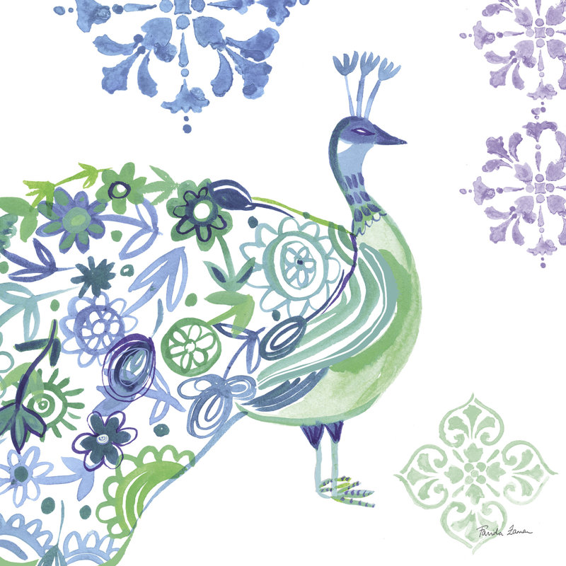 Paon conçu, bleu, vert, sur fond blanc, aquarelle, H 24 po x l 36 po x P 1,5 po
