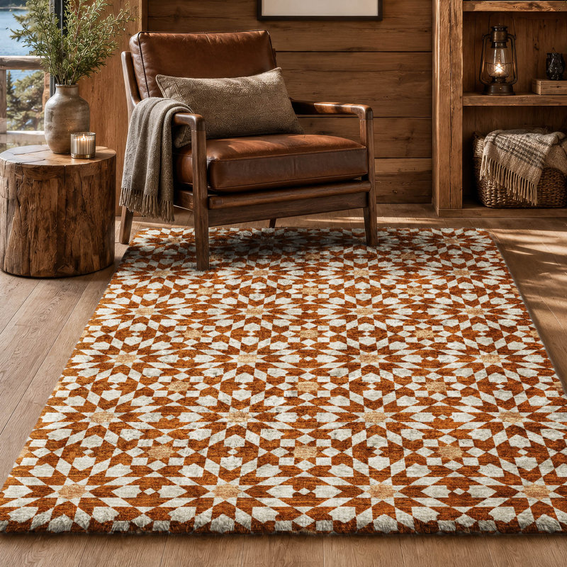Washable Geometric Indoor Rug, Paprika, 3 pi x 5 pi