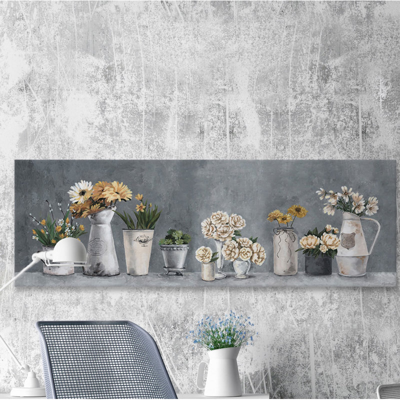 Rustic Gray Canvas Wall Art with Peach and White Flowers, 20" x 60"