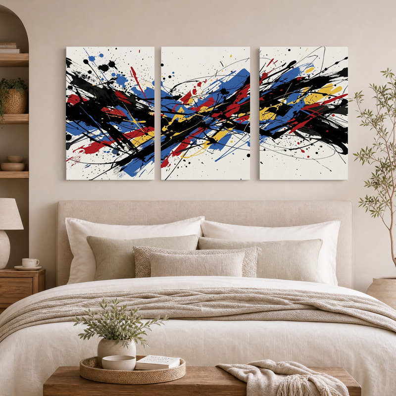 Ensemble de 3 toiles abstraites à coups de pinceau rouges, bleus, jaunes et noirs, 18"H x 12"W x 3pcs