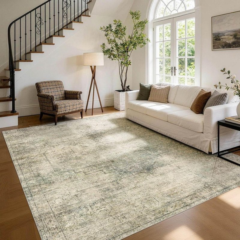 Tapis vert lavable vert rétro Boho, tapis floral antidérapant doux à poils courts pour le salon et la chambre à coucher
