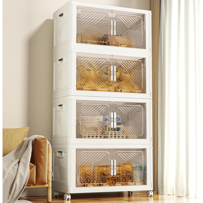 Plastic Stackable Storage Bins,Folding Organizer Boxes With Wheels And Magnetic Doors for Home & Office