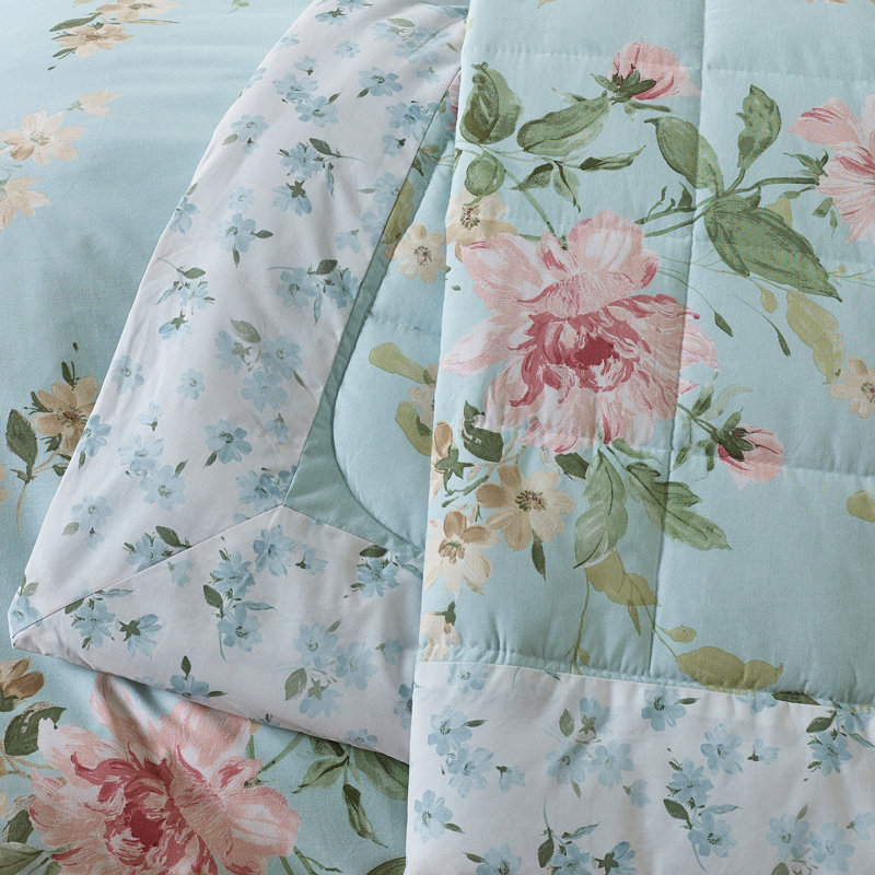 Avebury Floral Reversible Quilted Bedspread, Duck Egg Blue