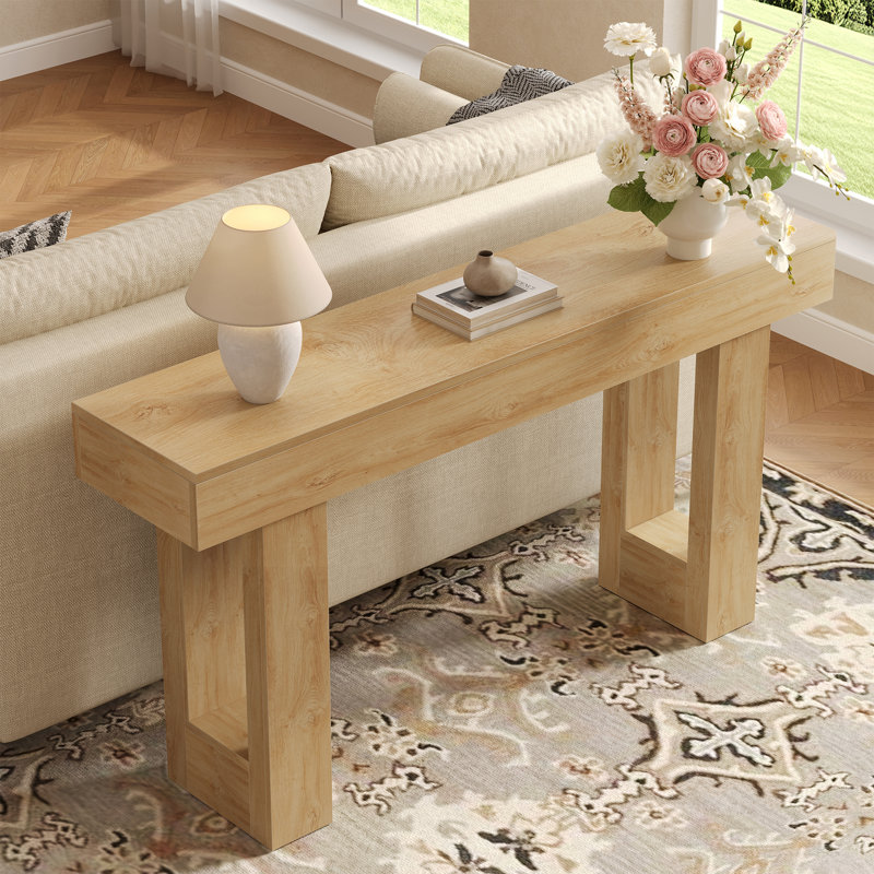63" Narrow Rustic Sofa Table and Entryway Console in Deep Wood Grain, Nature Wood