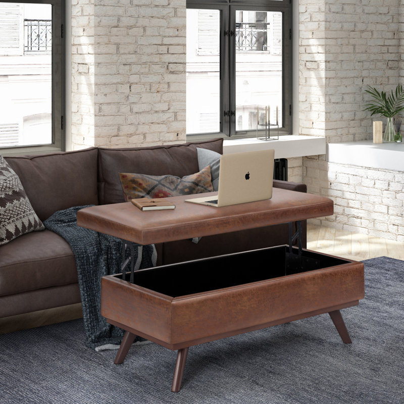 Owen 42"W Upholstered Vegan Leather Mid-Century Modern Rectangular Lift-Top Ottoman with High-Density Foam