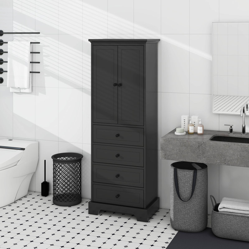 Armoire de rangement avec 2 portes et 4 tiroirs pour salle de bain, bureau, tablette réglable, Noir