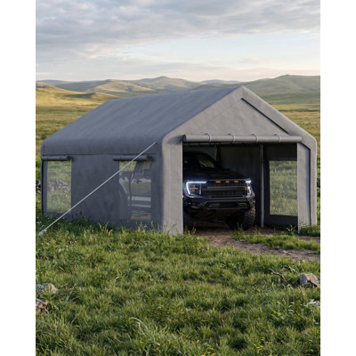 Abri de garage/voiture portable ultra-résistant - Bâche imperméable en polyéthylène 200 g/m², structure galvanisée, 2 portes enroulables, 4 fenêtres en filet - Idéal pour le rangement de camions, VUS ou bateaux, abri extérieur - Gris