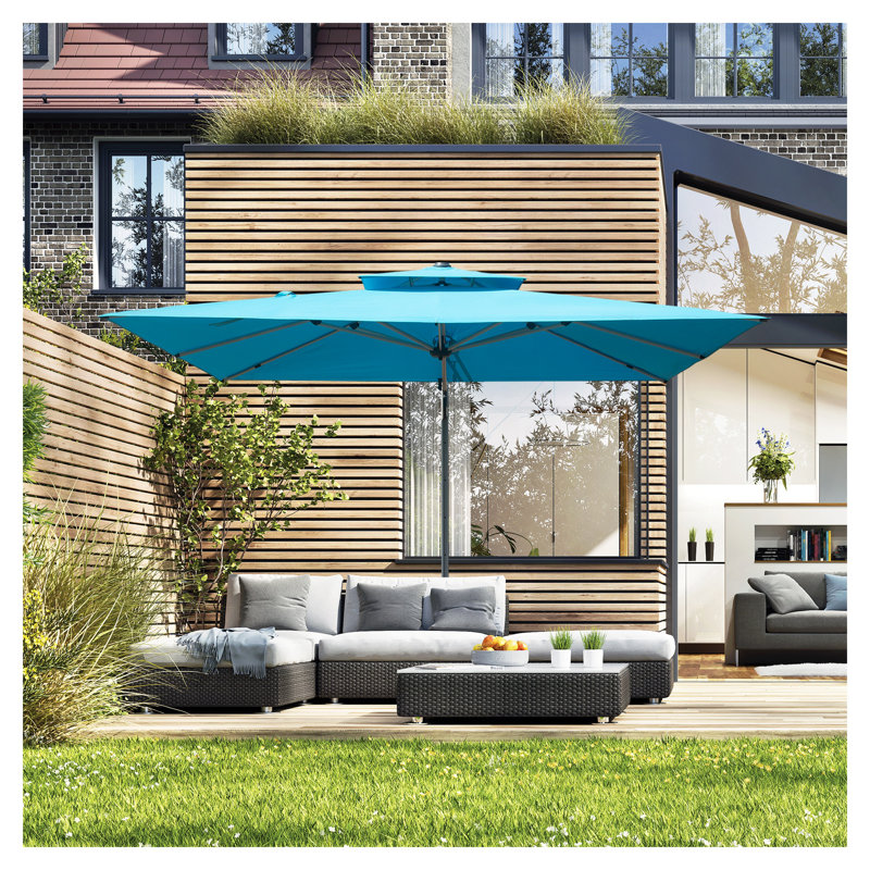 Parasol de patio rectangulaire 9 'x 11' avec mât central - abat-jour de jardin d'extérieur bleu lac avec protection UPF 50+ et rotation à 360 °