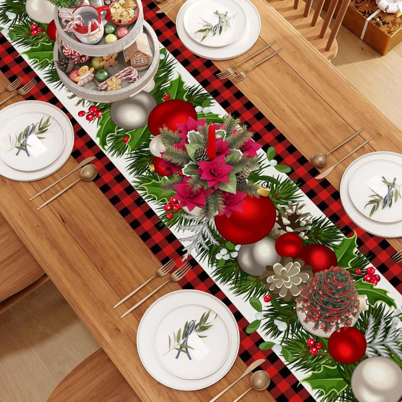 Linen Buffalo Check Plaid Christmas Table Runner Farmhouse Winter Christmas Xmas Holiday Home Kitchen Table Decorations